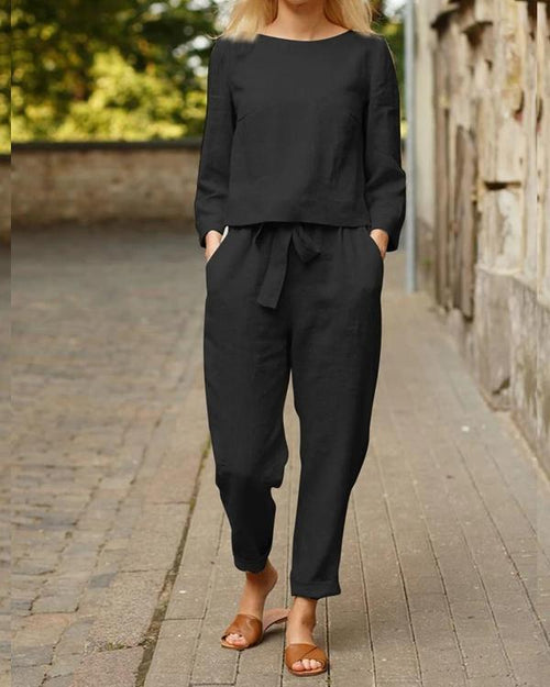 Autumn Solid Color Top And Tie Trousers Suit