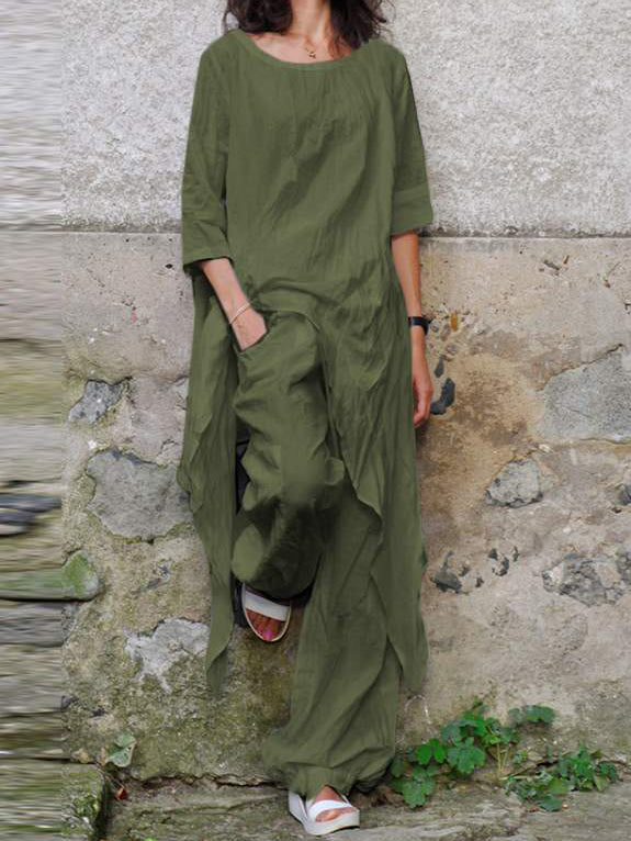 Casual Loose Irregular 3/4 Sleeve Cotton and Linen Two-piece Suit