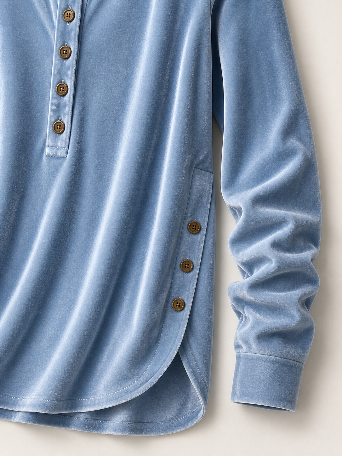 Women's Velvet Button-Front Long Sleeve Top – Relaxed Fit Henley Blouse