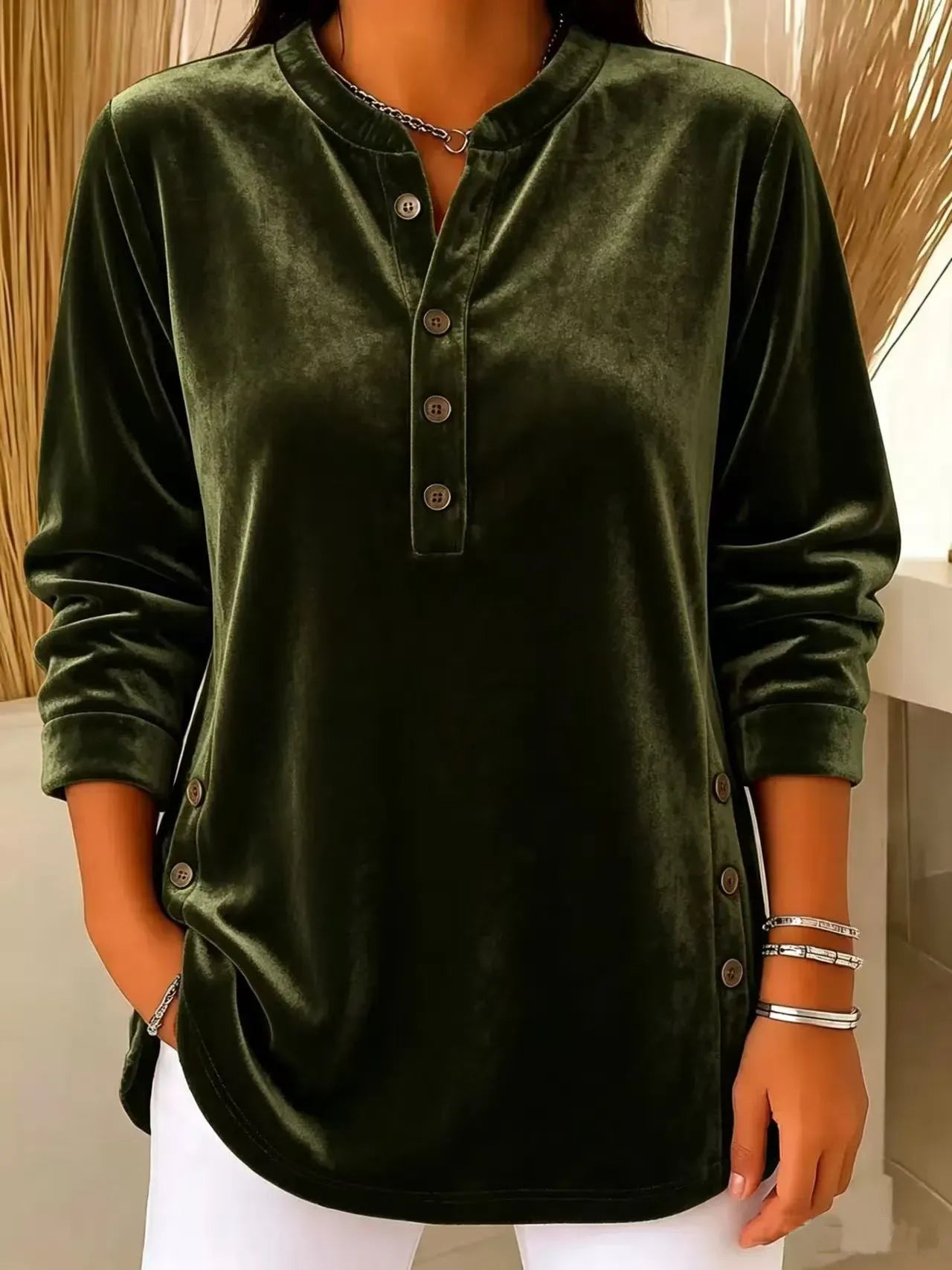 Women's Velvet Button-Front Long Sleeve Top – Relaxed Fit Henley Blouse