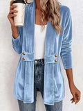 Women's Velvet Open-Front Longline Cardigan – Button Pocket Detail