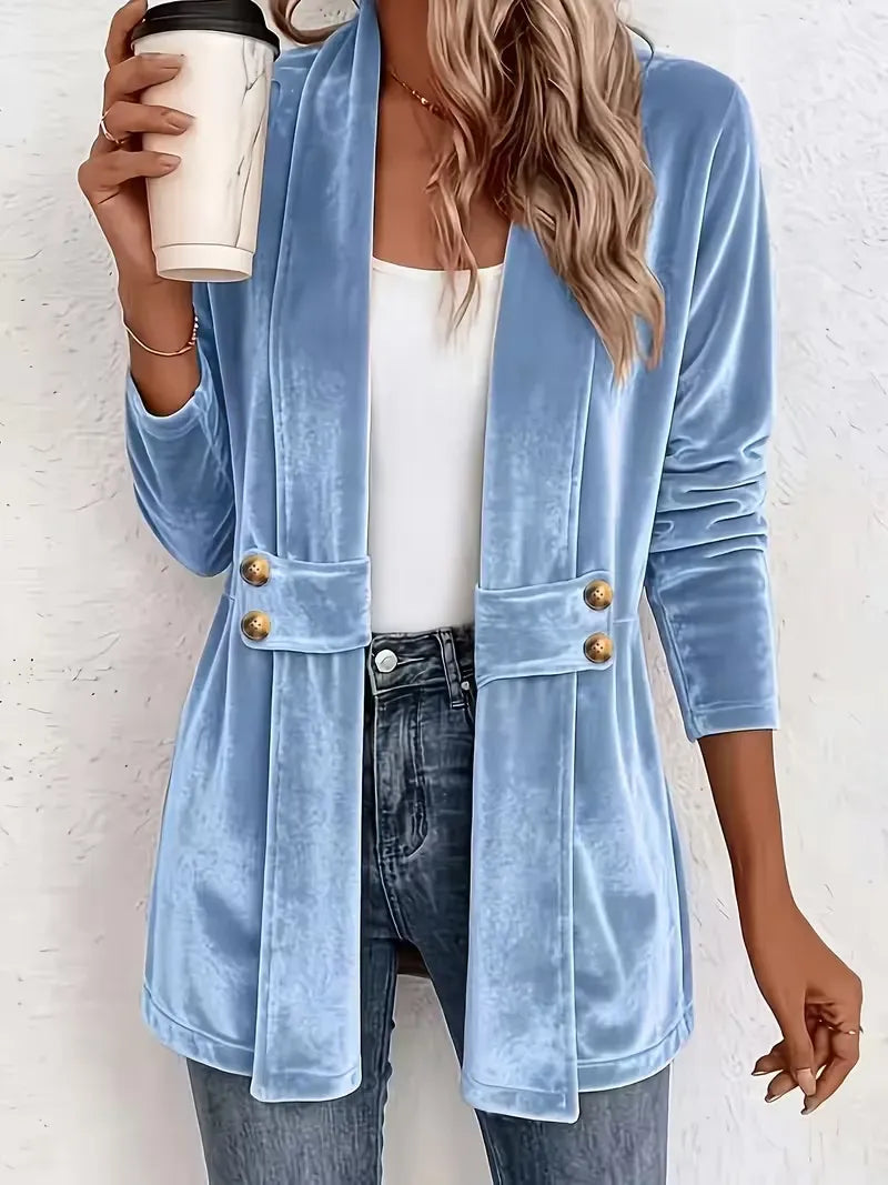 Women's Velvet Open-Front Longline Cardigan – Button Pocket Detail
