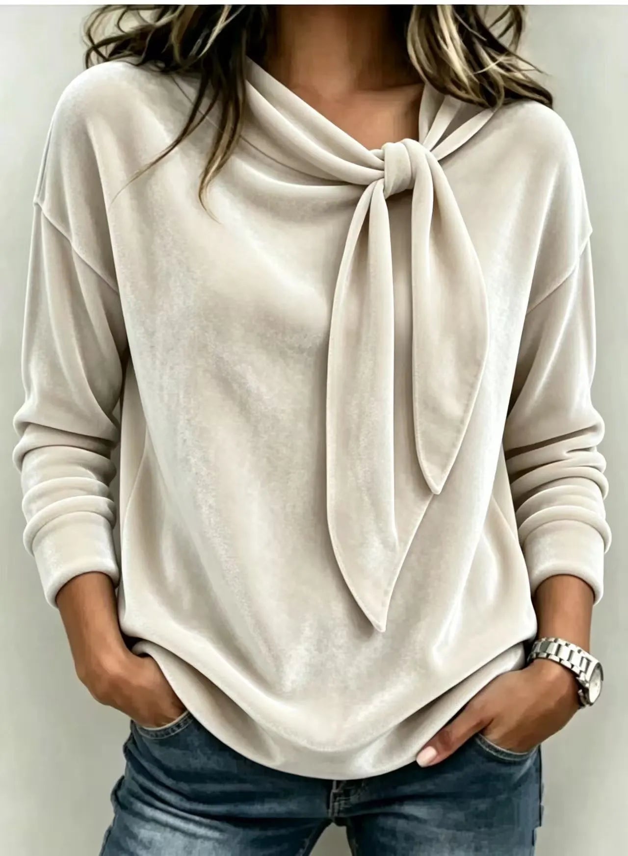 Women's Velvet Bow Detail Long Sleeve Top – Soft Elegant Blouse