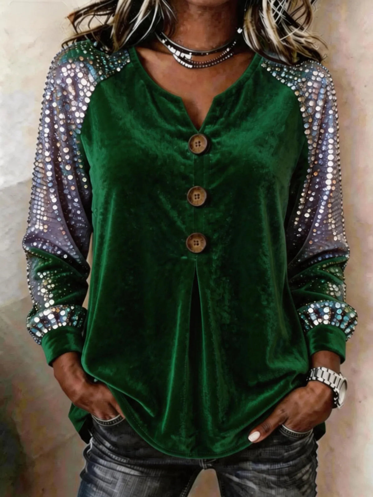 Women's Velvet Sequin Sleeve Button-Front Top – Sparkle Detail Blouse
