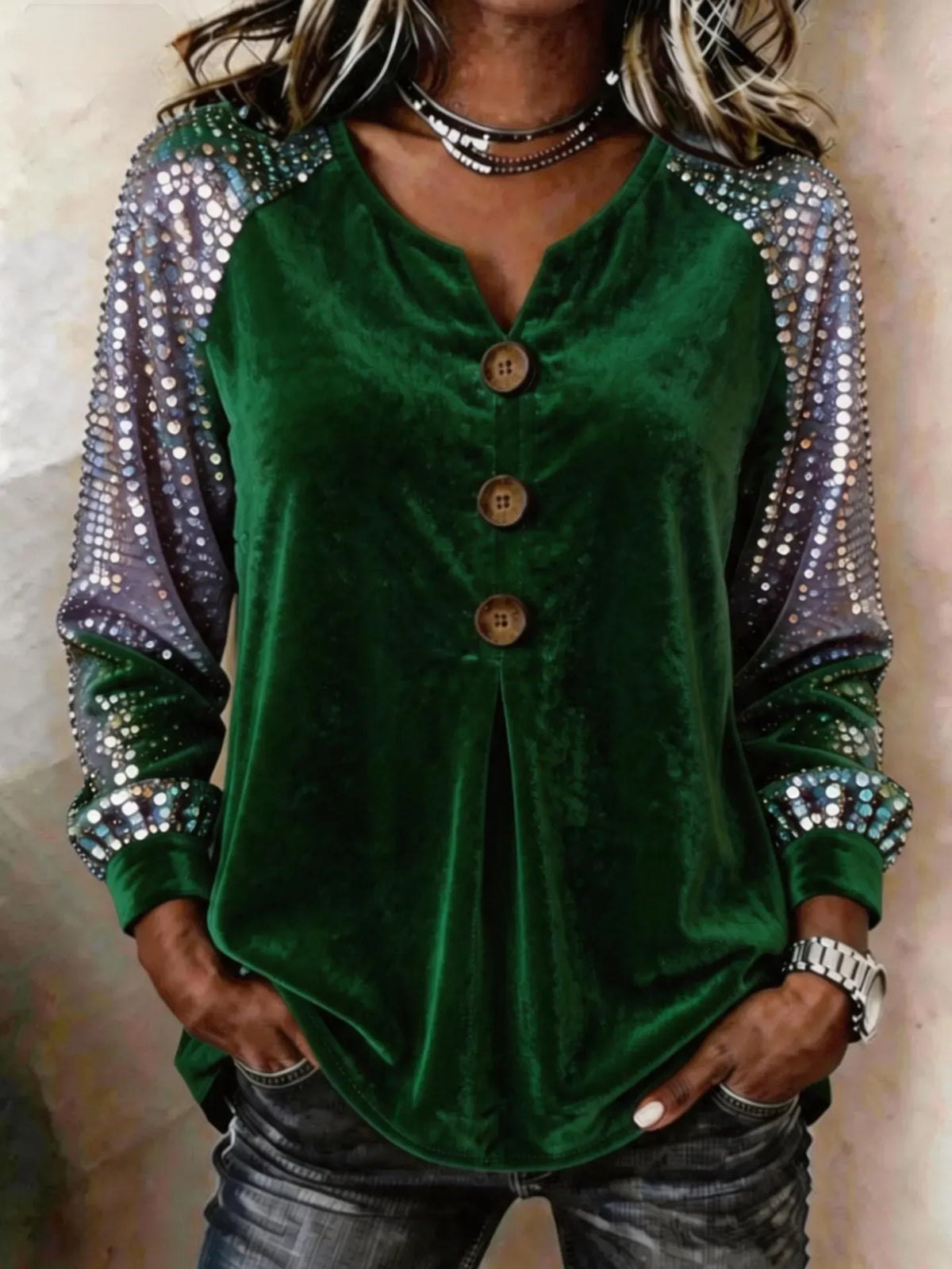Women's Velvet Sequin Sleeve Button-Front Top – Sparkle Detail Blouse