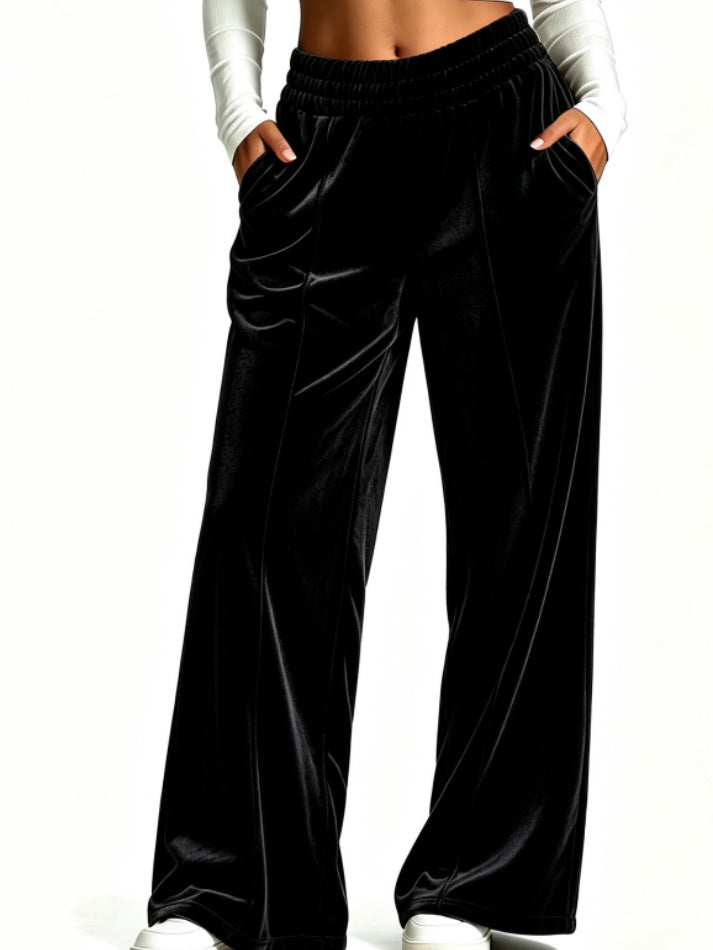 Women's Velvet Wide-Leg Pants – Elastic Waist Casual Trousers