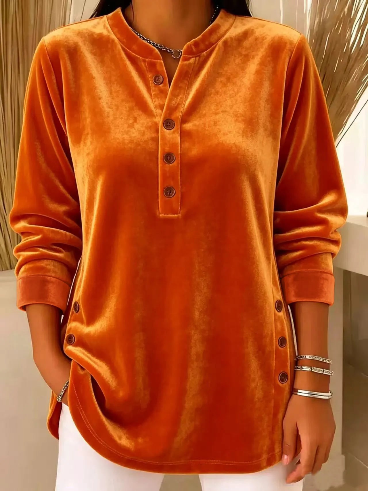 Women's Velvet Button-Front Long Sleeve Top – Relaxed Fit Henley Blouse