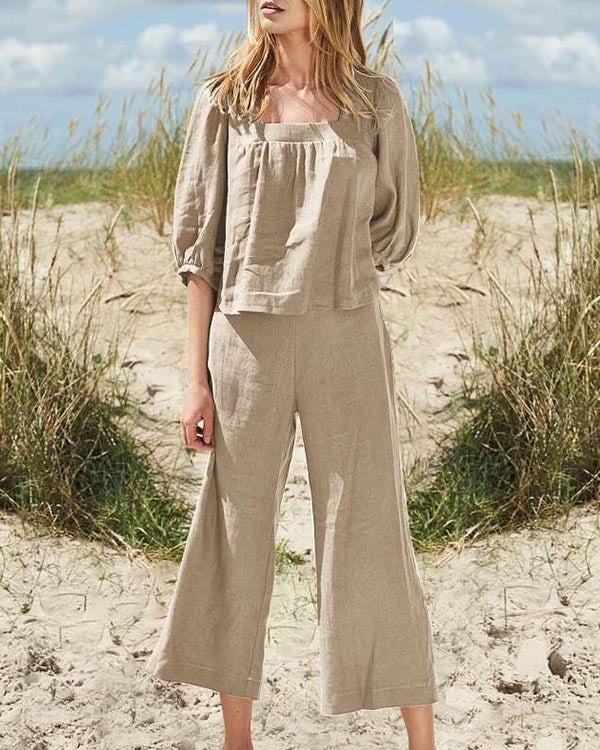 Solid Color Cotton Linen Casual Long Sleeve Loose Cotton Suit