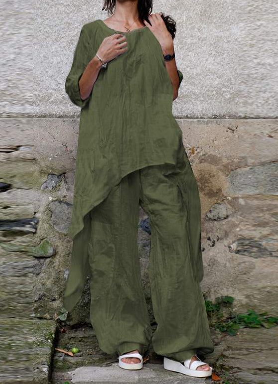 Casual Loose Irregular 3/4 Sleeve Cotton and Linen Two-piece Suit