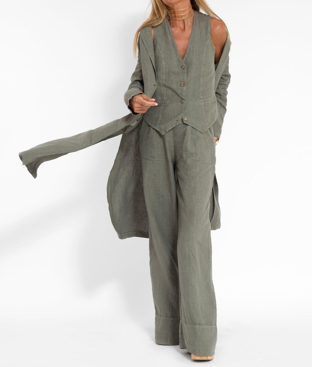 Women Green Taupe Linen Coat