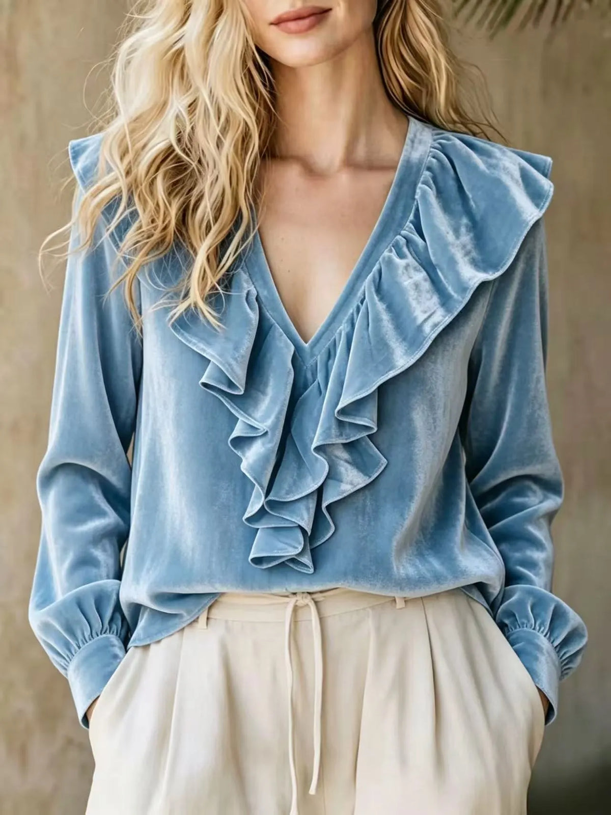 Women's Velvet V-Neck Ruffle Blouse - Romantic Long Sleeve Top