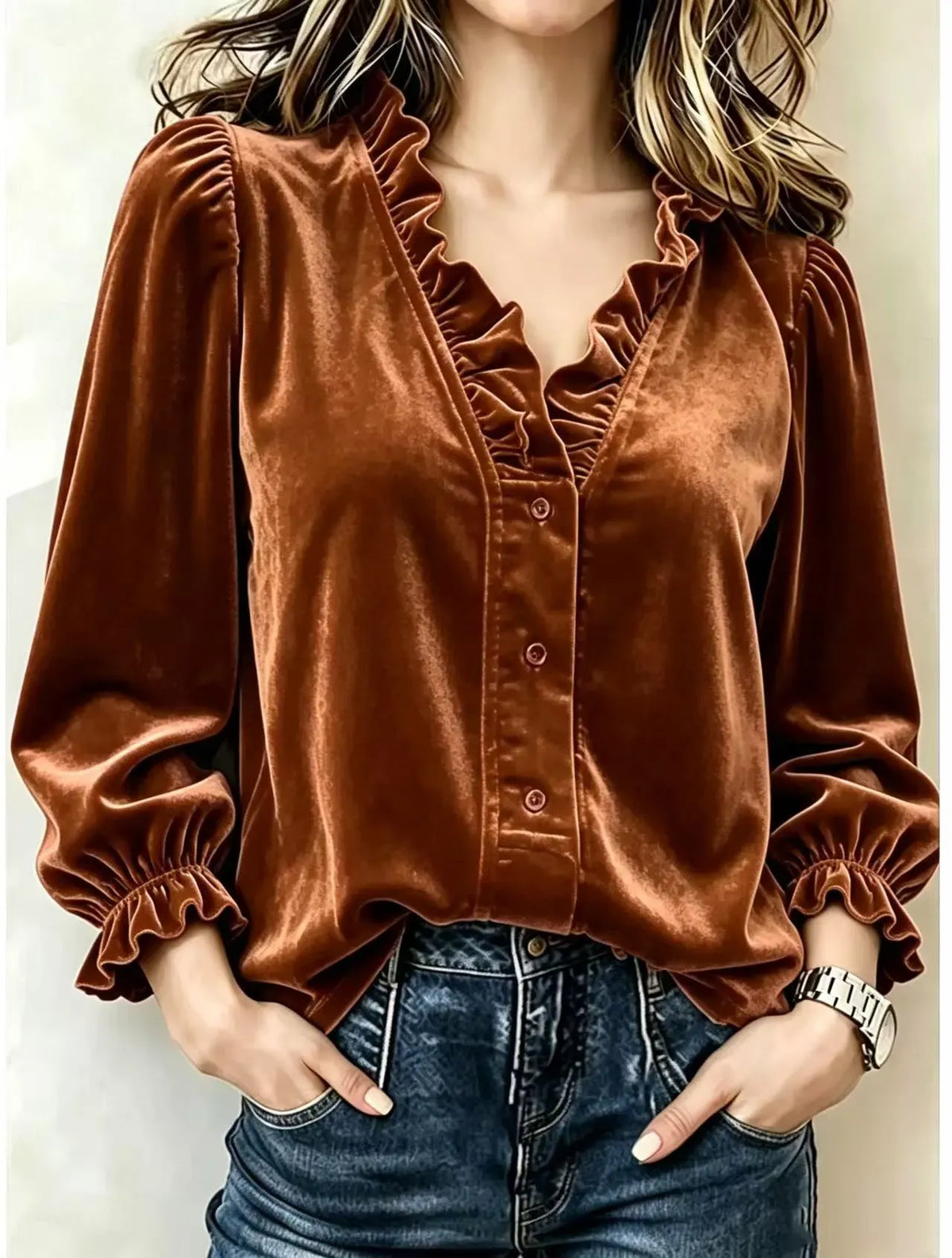 Women's Velvet Ruffle V-Neck Blouse – Button Front Puff Sleeve Top