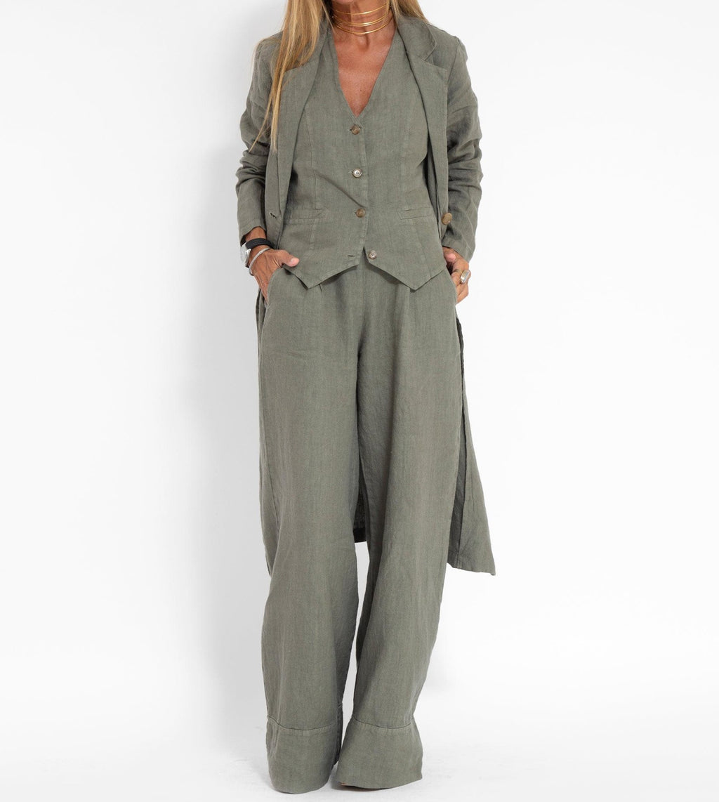 Women Green Taupe Linen Coat