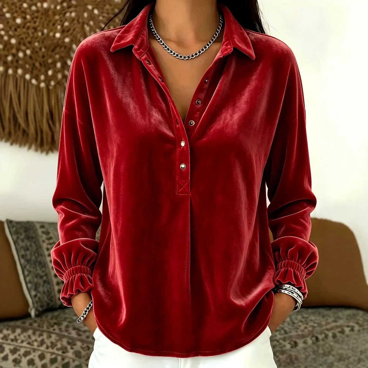 Women's Velvet Collared Button-Front Top - Gathered Cuff Blouse