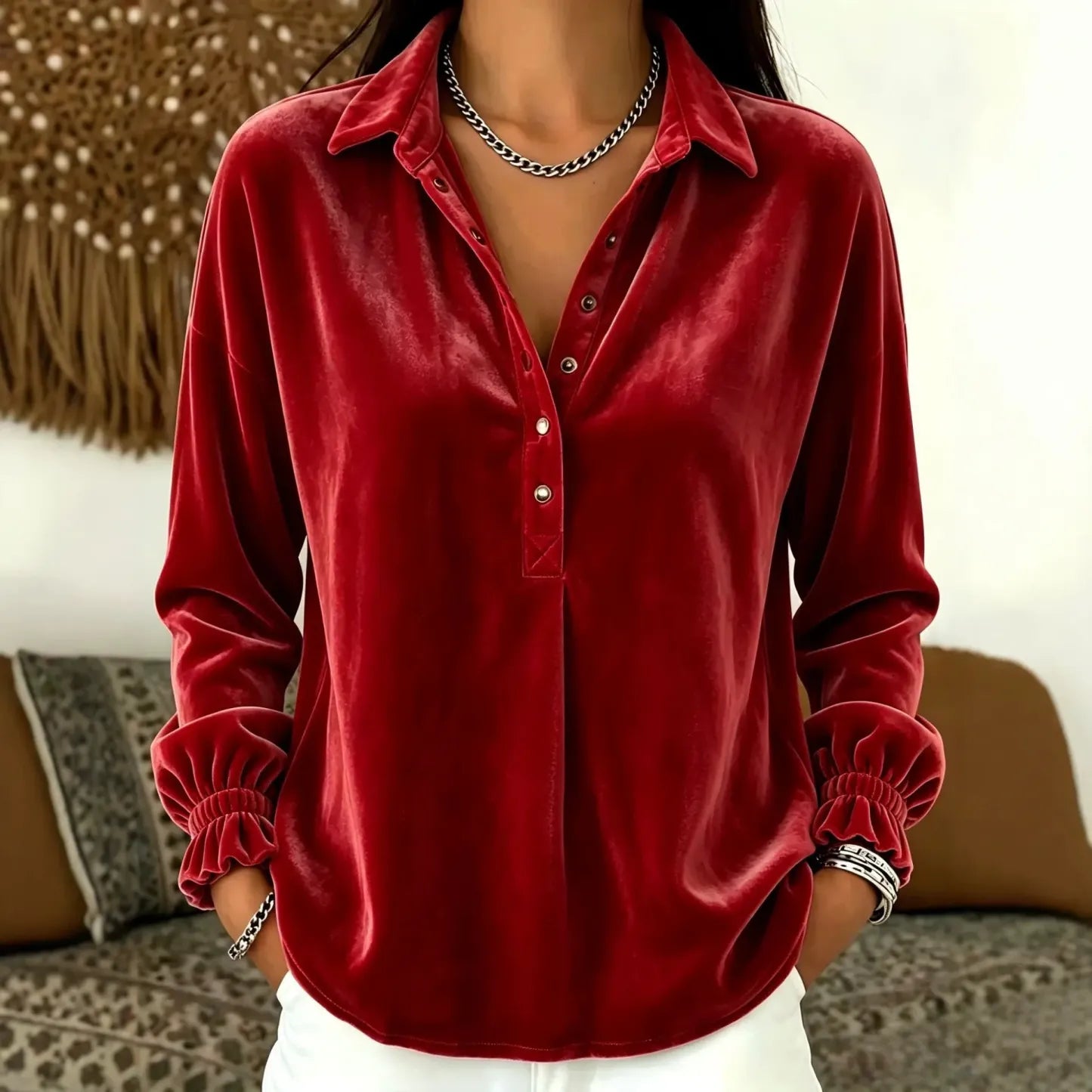 Women's Velvet Collared Button-Front Top - Gathered Cuff Blouse