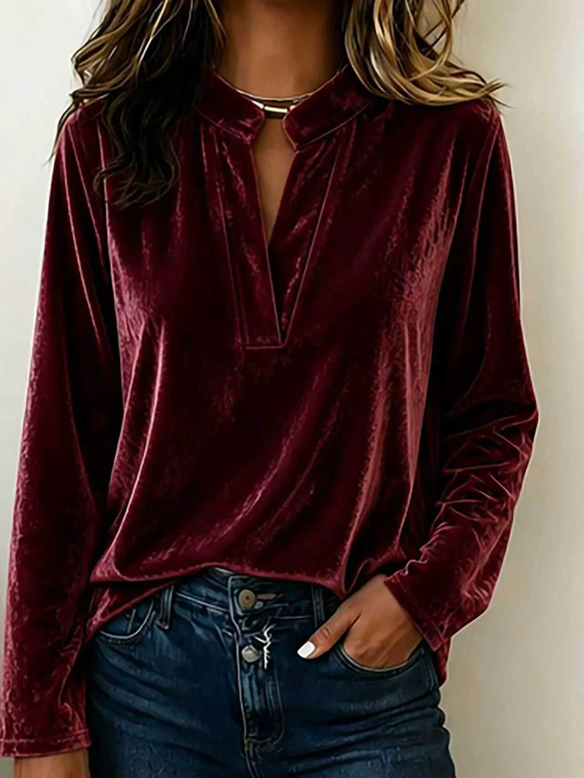 Women's Velvet V-Neck Button-Front Long Sleeve Top
