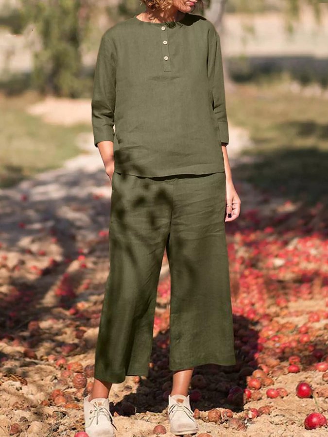 Women's Casual Solid Color Cotton Linen Set