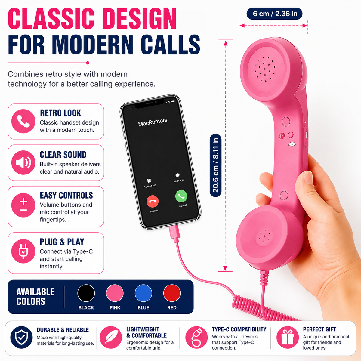 ☎️📱 Retro Handset for Type-C Phones — Vintage Style