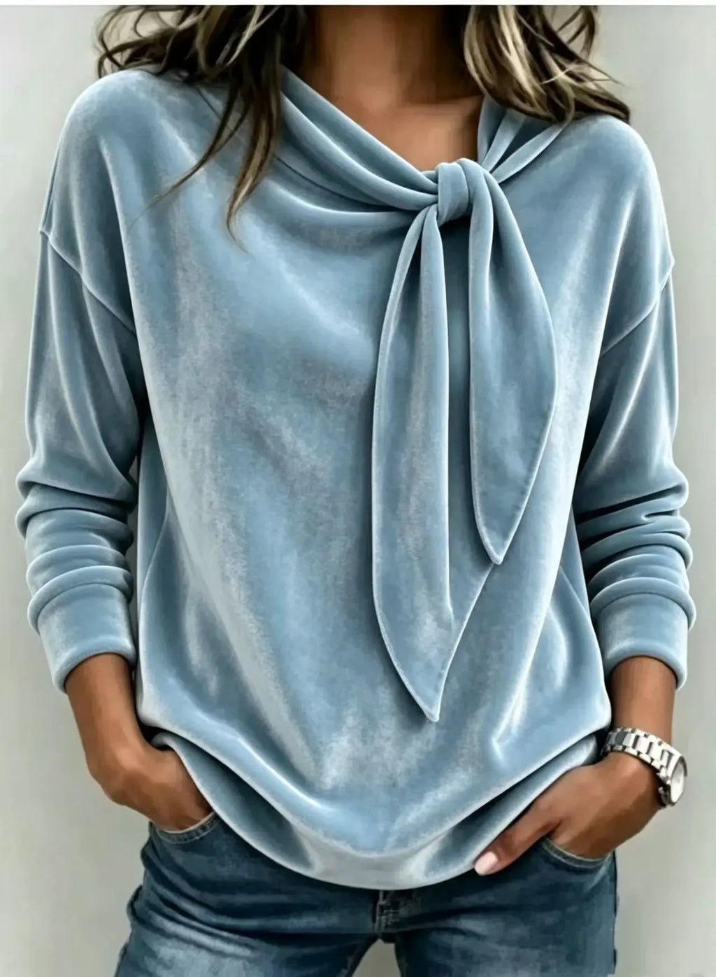 Women's Velvet Bow Detail Long Sleeve Top – Soft Elegant Blouse