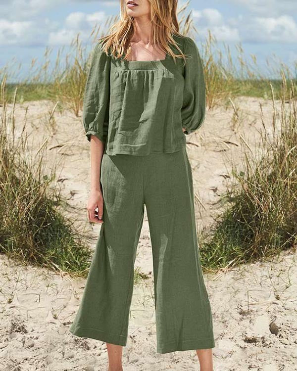 Solid Color Cotton Linen Casual Long Sleeve Loose Cotton Suit