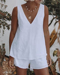 Plus Size White Casual Linen Cotton V Neck Shorts Set