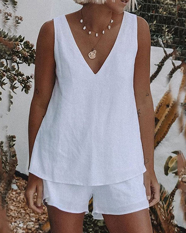 Plus Size White Casual Linen Cotton V Neck Shorts Set