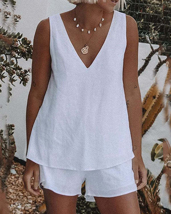 Plus Size White Casual Linen Cotton V Neck Shorts Set