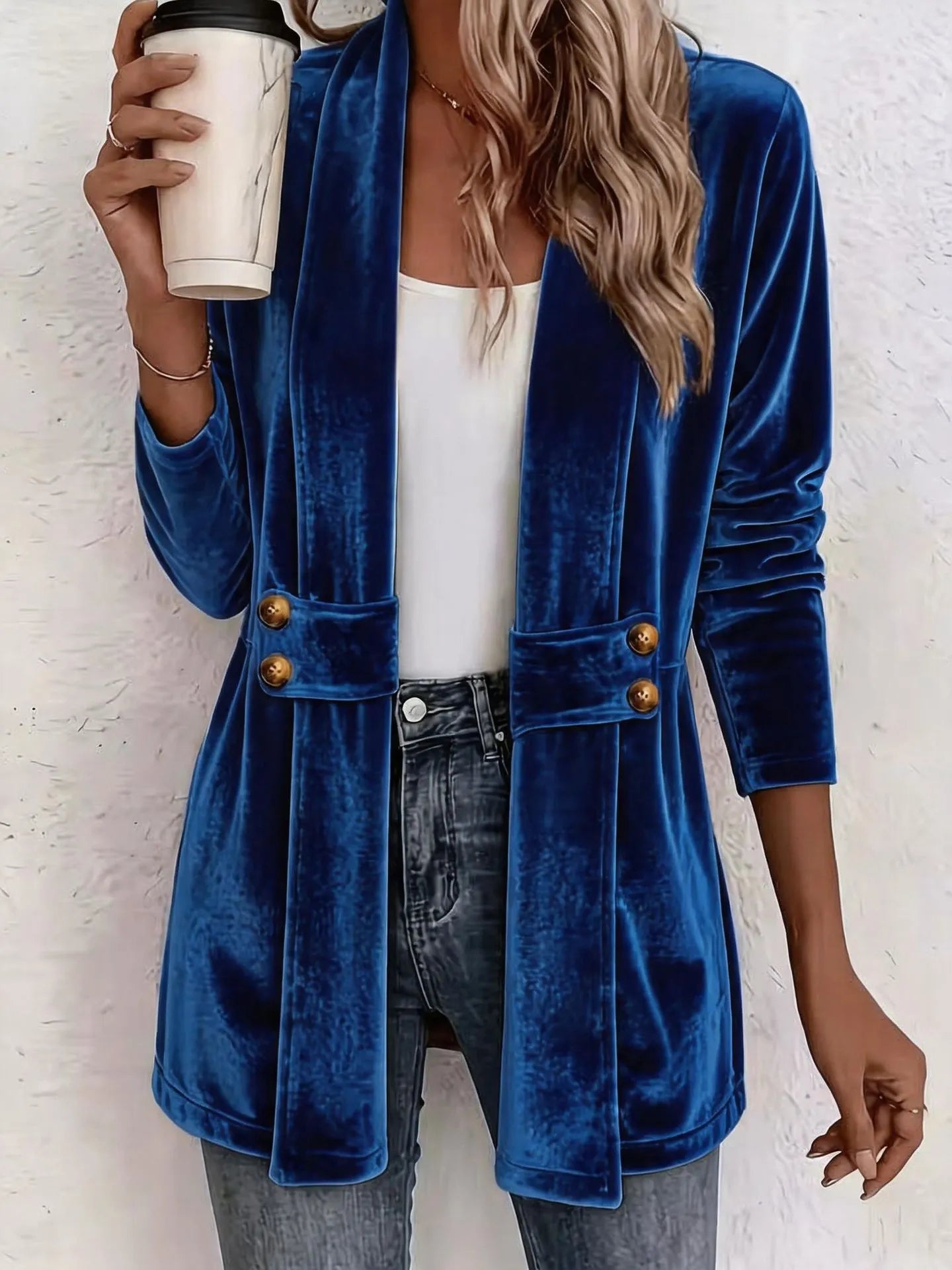 Women's Velvet Open-Front Longline Cardigan – Button Pocket Detail