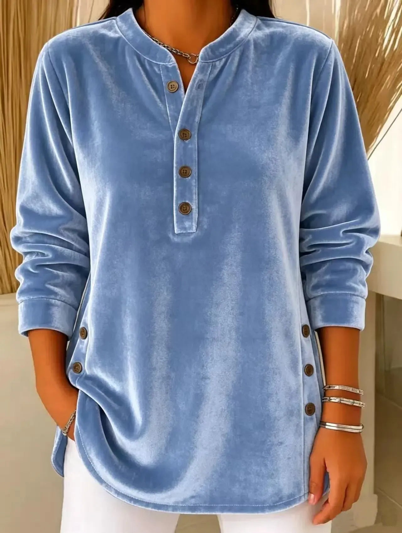 Women's Velvet Button-Front Long Sleeve Top – Relaxed Fit Henley Blouse