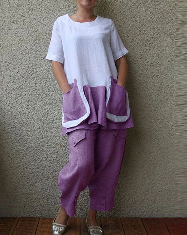 Cotton And Linen Short Sleeve Big Pocket Women's Suit