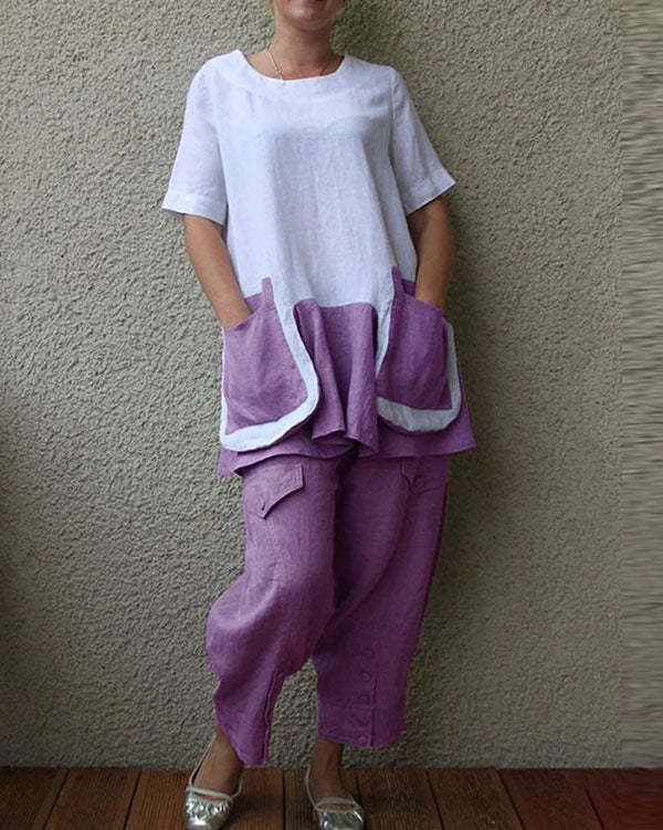 Cotton And Linen Short Sleeve Big Pocket Women's Suit