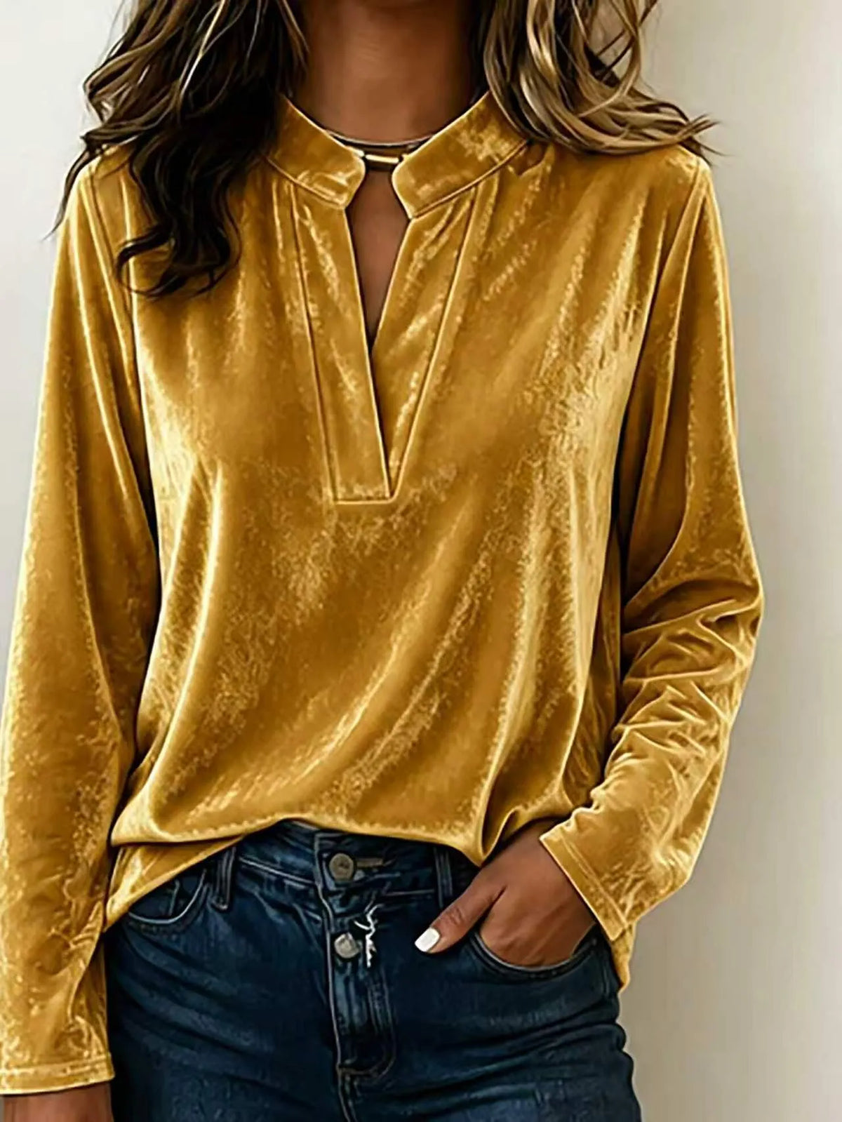 Women's Velvet V-Neck Button-Front Long Sleeve Top