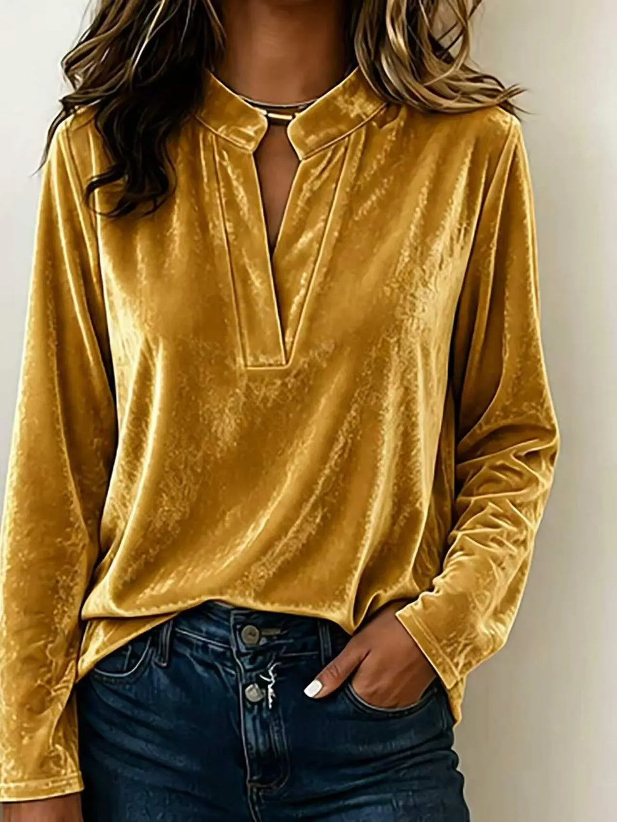 Women's Velvet V-Neck Button-Front Long Sleeve Top