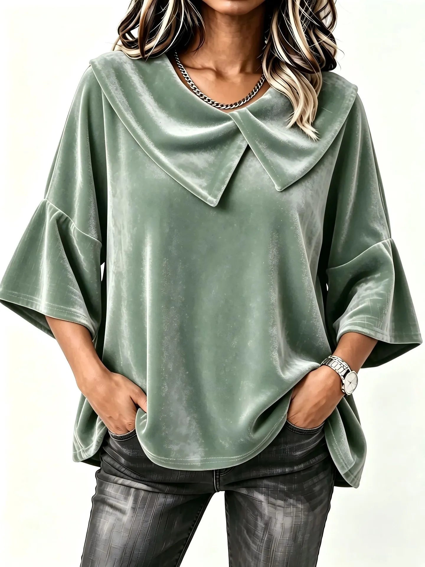 Women's Velvet Button-Front Collared Top - Relaxed Long Sleeve