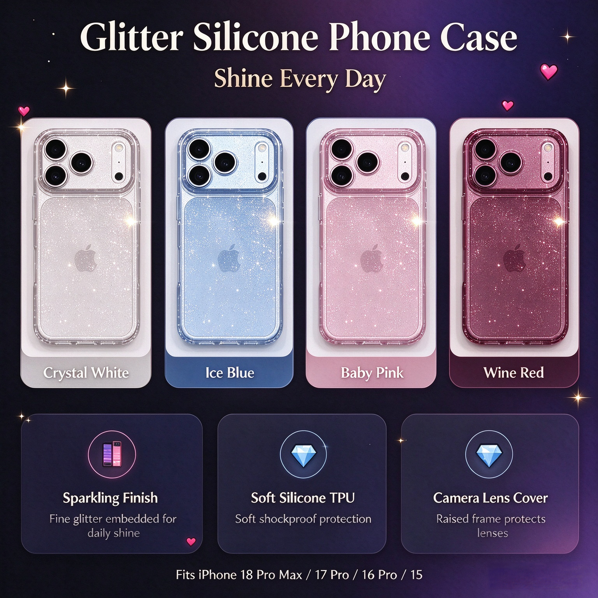 🔥Limited Offer✨Sparkle Glitter Silicone Case | iPhone 18 Pro Max, 17 Pro,16 Pro,15 Protective Cover