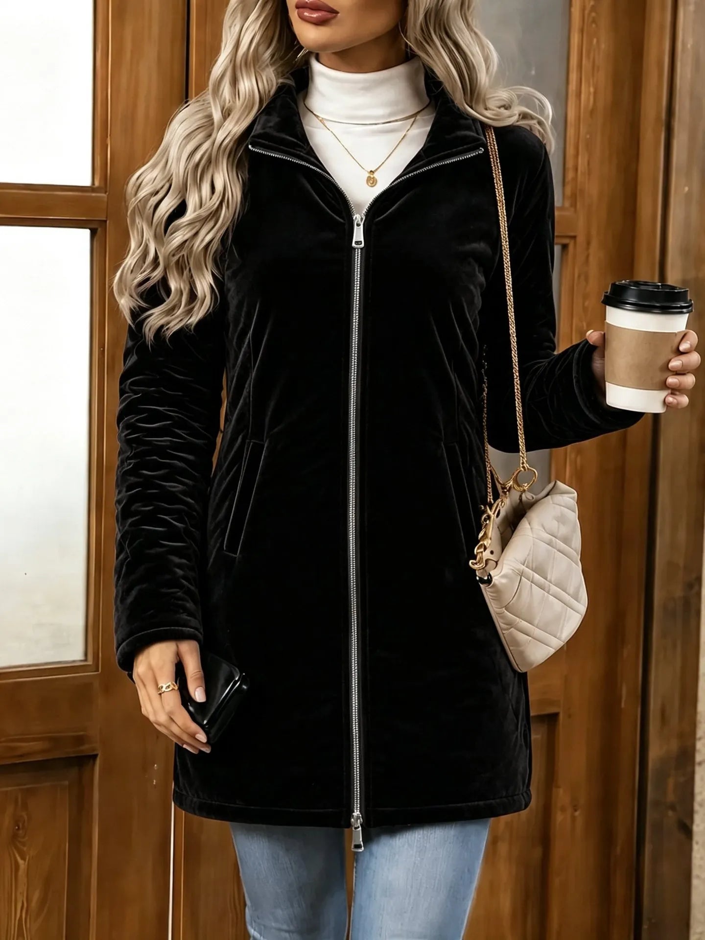 Women's Velvet Zip-Up Jacket – Relaxed Fit Casual Outerwear