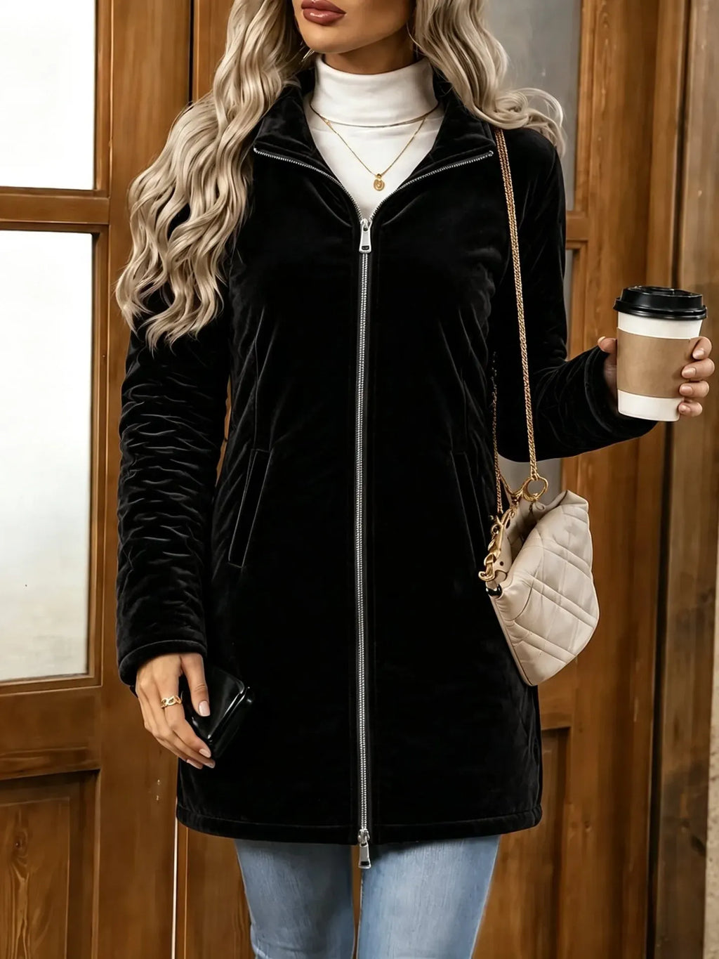 Women's Velvet Zip-Up Jacket – Relaxed Fit Casual Outerwear