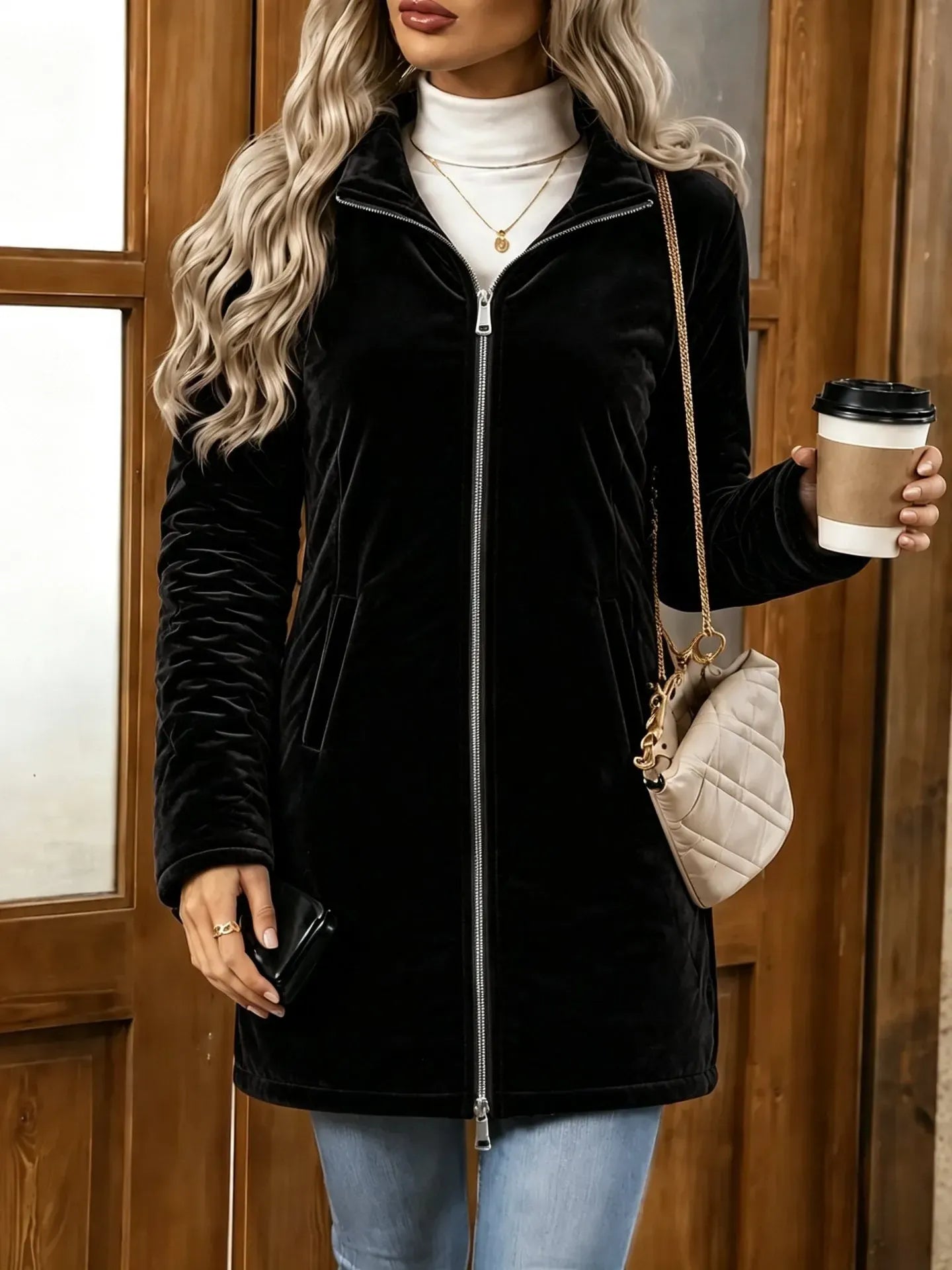 Women's Velvet Zip-Up Jacket – Relaxed Fit Casual Outerwear