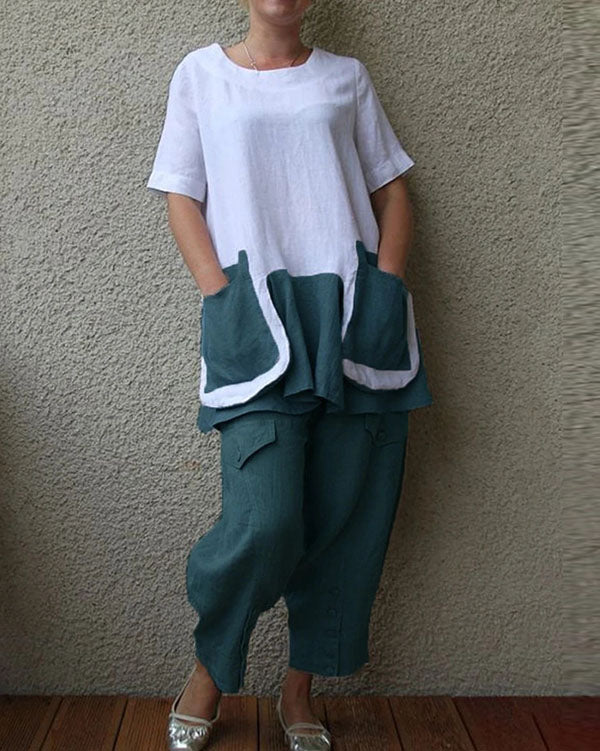 Cotton And Linen Short Sleeve Big Pocket Women's Suit