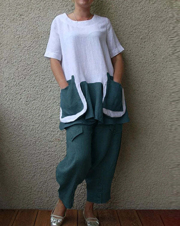Cotton And Linen Short Sleeve Big Pocket Women's Suit