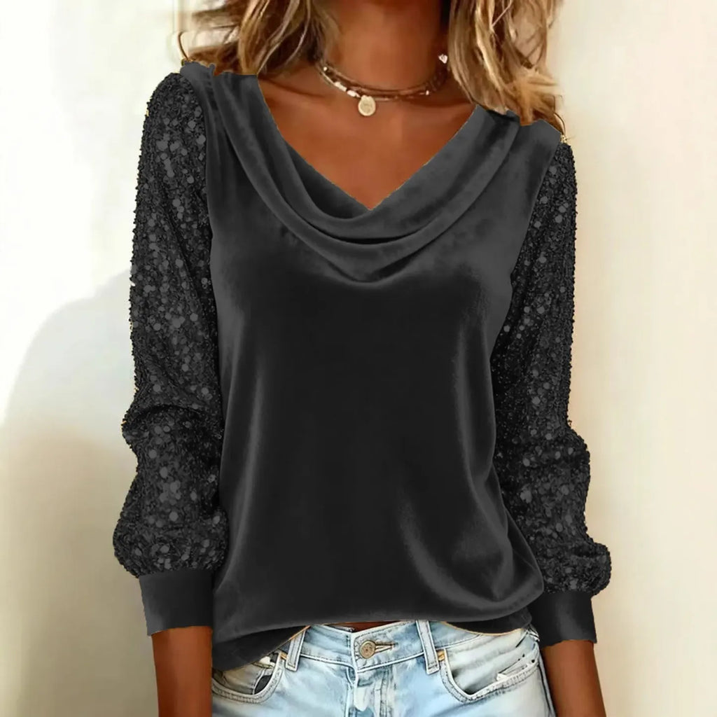 Women's Velvet Cowl-Neck Sequin Sleeve Top - Party Ready