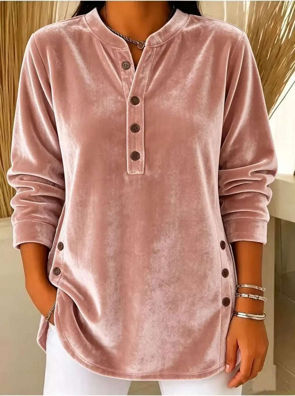 Women's Velvet Button-Front Long Sleeve Top – Relaxed Fit Henley Blouse