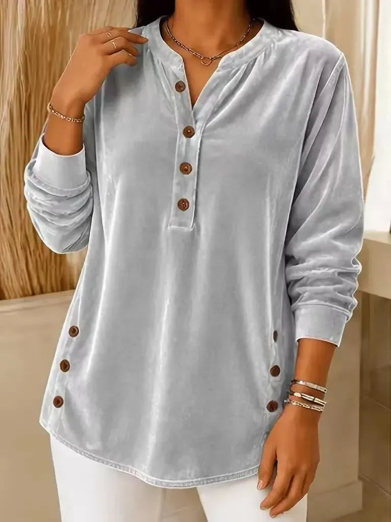 Women's Velvet Button-Front Long Sleeve Top – Relaxed Fit Henley Blouse