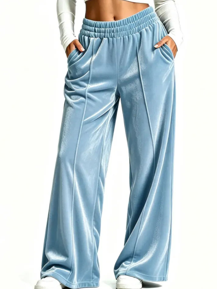 Women's Velvet Wide-Leg Pants – Elastic Waist Casual Trousers