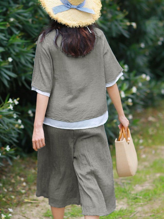 Ladies cotton and linen V-neck stitching casual suit