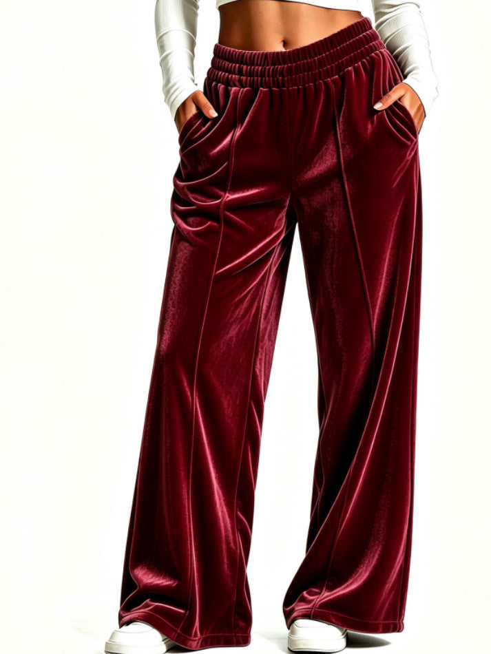 Women's Velvet Wide-Leg Pants – Elastic Waist Casual Trousers