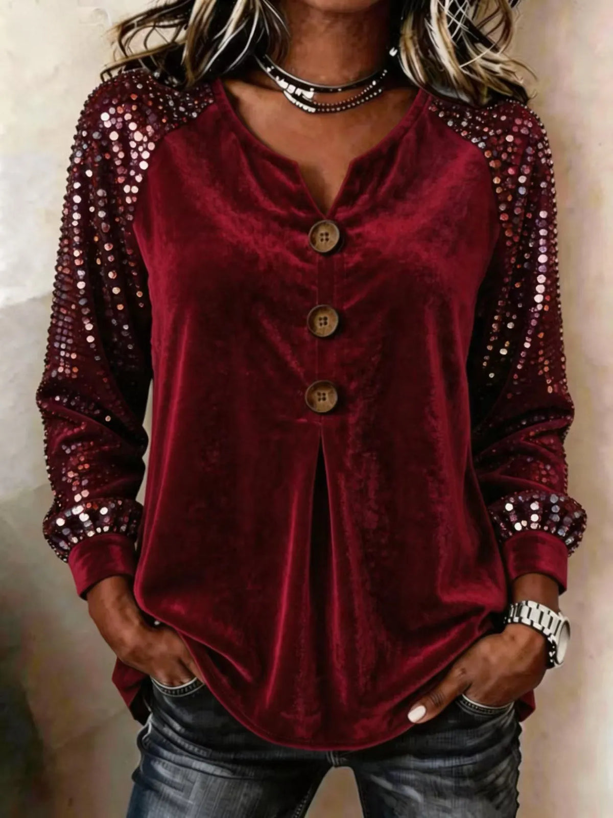 Women's Velvet Sequin Sleeve Button-Front Top – Sparkle Detail Blouse