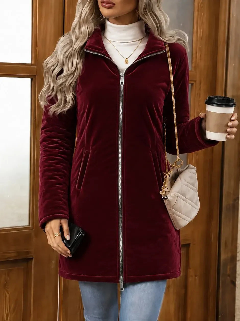 Women's Velvet Zip-Up Jacket – Relaxed Fit Casual Outerwear