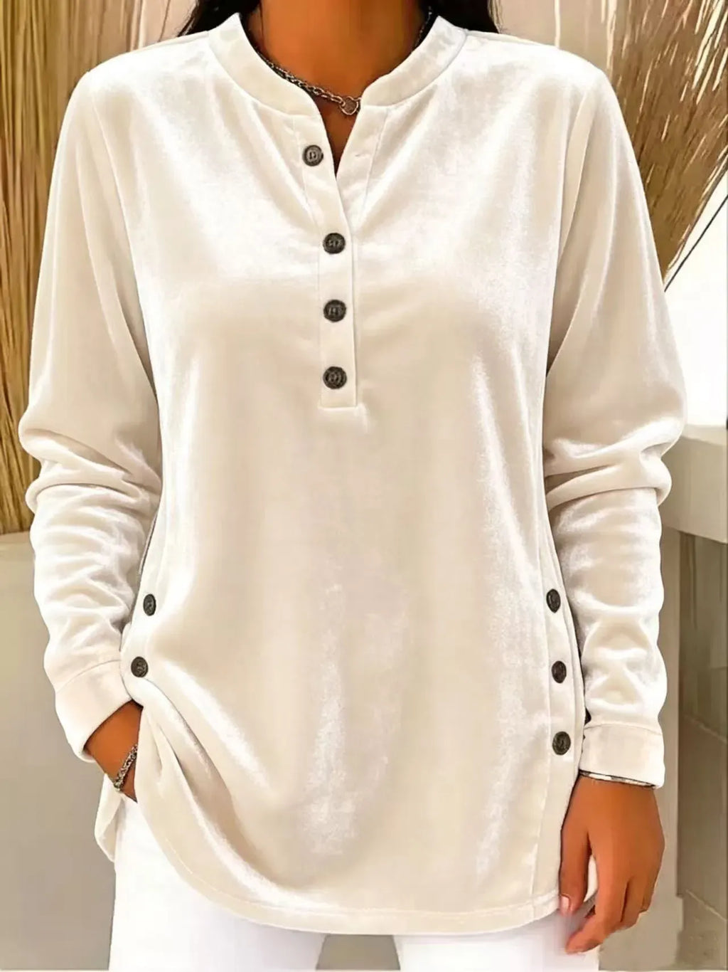Women's Velvet Button-Front Long Sleeve Top – Relaxed Fit Henley Blouse