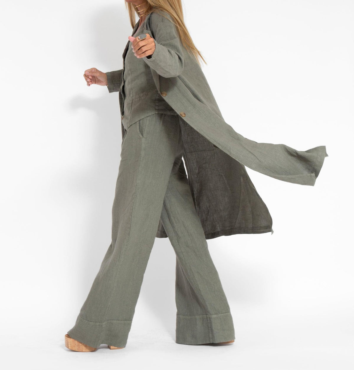 Women Green Taupe Linen Coat